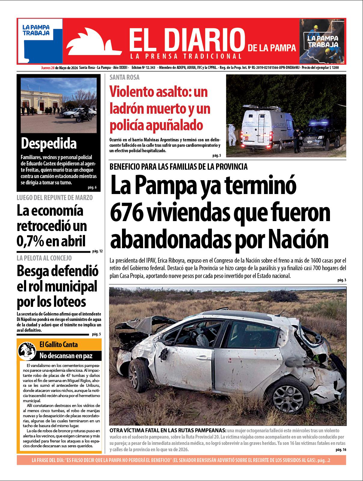 Tapa de El Diario en papel  jueves 28 de mayo de 2026